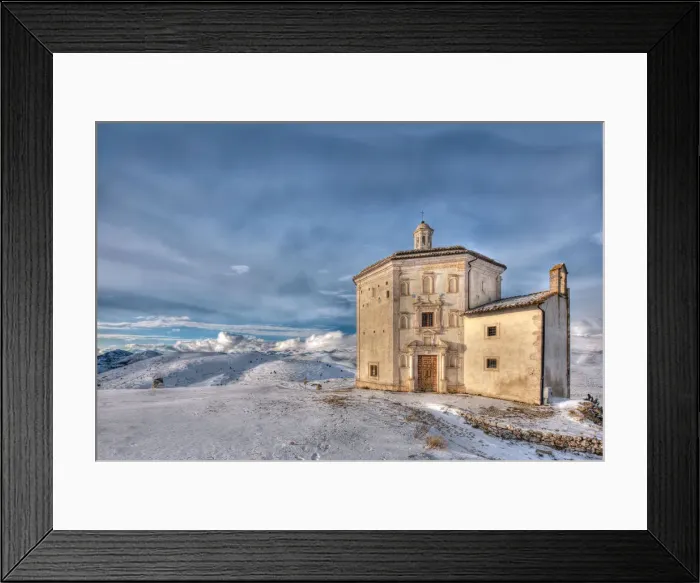 Framed Print : The church of Santa Maria della Pietaza at sunset in a winter day, Rocca Calascio
