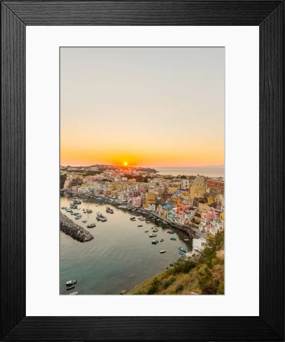 Framed Print : Italy, Campania, Province of Naples, Procida. Sunset at Marina di Corricella