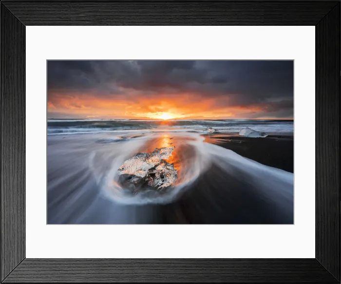 Framed Print : Block of ice at sunrise, Jokulsarlon, Diamond beach, Austurland, Iceland Framed Print : Block of ice at sunrise, Jokulsarlon, Diamond beach, Austurland, Iceland