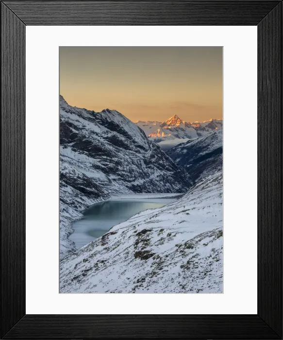 Framed Print : Sunset over Bietschhorn, Visp, Ss Valley, Canton of Valais, Switzerland Framed Print : Sunset over Bietschhorn, Visp, Ss Valley, Canton of Valais, Switzerland