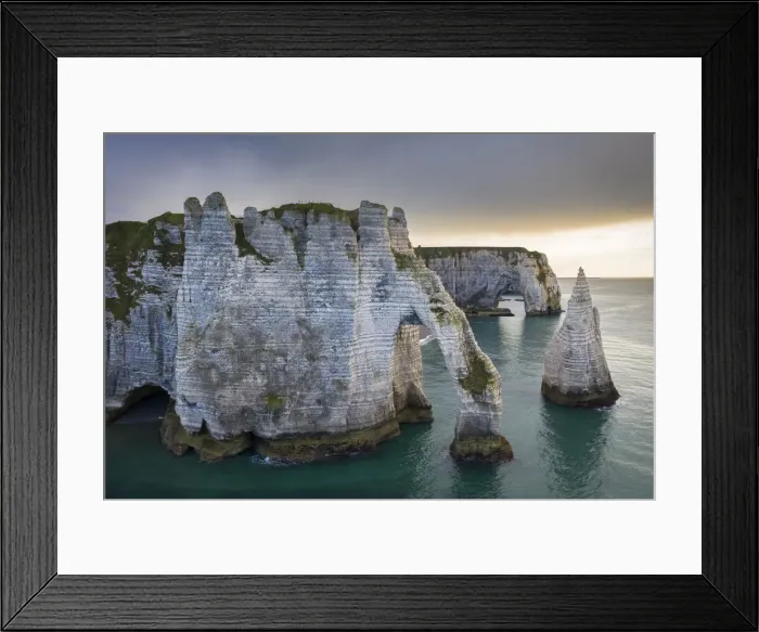 Framed Print : Aerial view of a sunset in front of the cliffs of Etretat, Octeville sur Mer, Le Havre