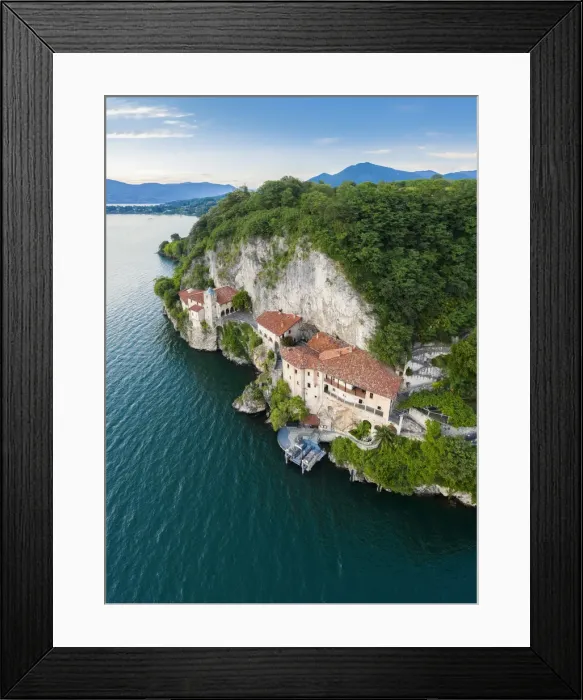 Framed Print : Aerial view of the Santa Caterina del Sasso Ballaro monastery, overlooking Lake Maggiore Framed Print : Aerial view of the Santa Caterina del Sasso Ballaro monastery, overlooking Lake Maggiore