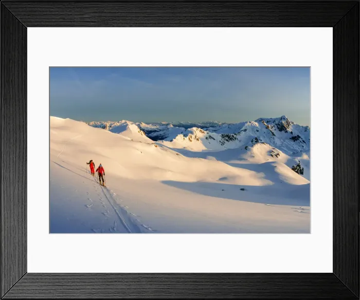 Framed Print : Ski mountaneers during climbing Wisshorn at sunrise - Fluela pass - Switzerland Framed Print : Ski mountaneers during climbing Wisshorn at sunrise - Fluela pass - Switzerland