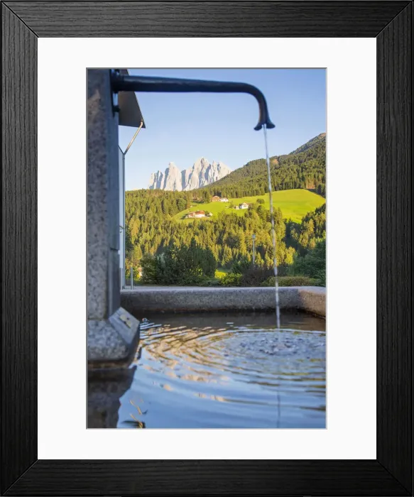 Framed Print : Odle peaks reflected in a fountain, Dolomites, South Tyrol, Trentino Alto Adige, Italy Framed Print : Odle peaks reflected in a fountain, Dolomites, South Tyrol, Trentino Alto Adige, Italy
