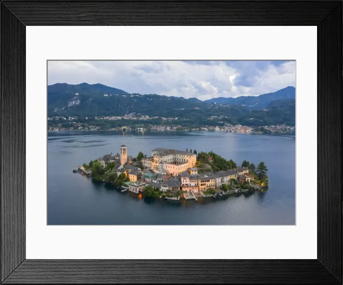 Framed Print : Aerial view of Orta San Giulio and Lake Orta at blu hour before a storm. Orta Lake Framed Print : Aerial view of Orta San Giulio and Lake Orta at blu hour before a storm. Orta Lake