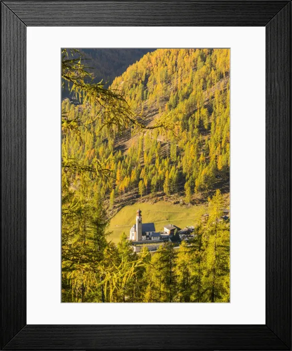 Framed Print : Panoramic vew of the alpine church of Madonna di Senales in autumn. Senales valley Framed Print : Panoramic vew of the alpine church of Madonna di Senales in autumn. Senales valley
