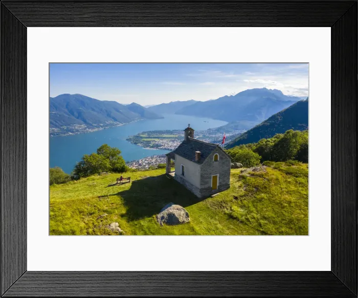 Framed Print : View of the stone church of Monti di Lego, overlooking Lago Maggiore, Ascona and Locarno Framed Print : View of the stone church of Monti di Lego, overlooking Lago Maggiore, Ascona and Locarno