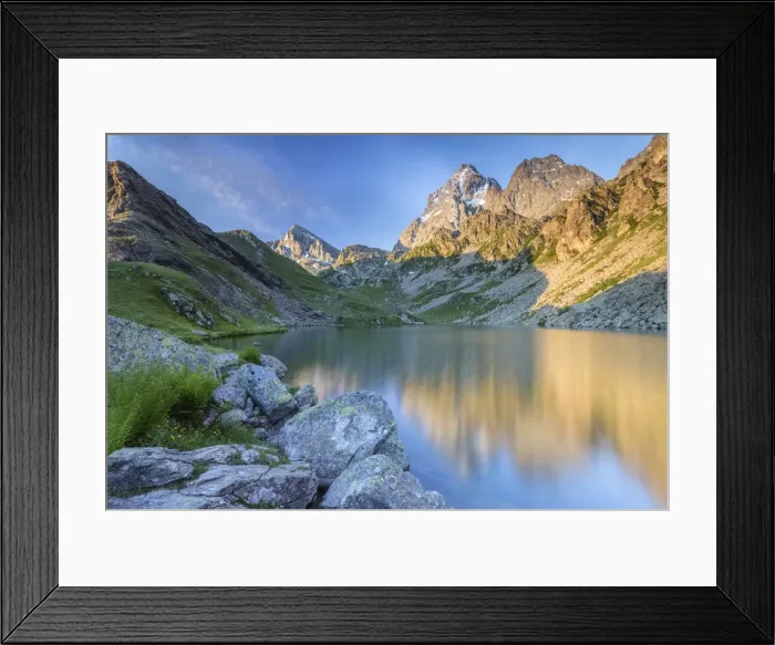 Framed Print : Sunrise on Monviso and Visolotto from the shores of Lago Fiorenza, Crissolo, Po