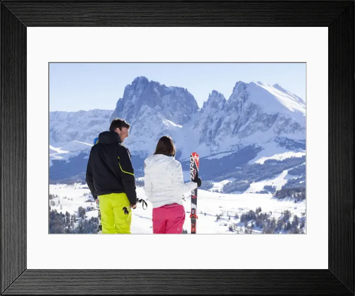 Framed Print : two skier are in front of the Langkofel Group in a beautiful sunny day, Bolzano province Framed Print : two skier are in front of the Langkofel Group in a beautiful sunny day, Bolzano province