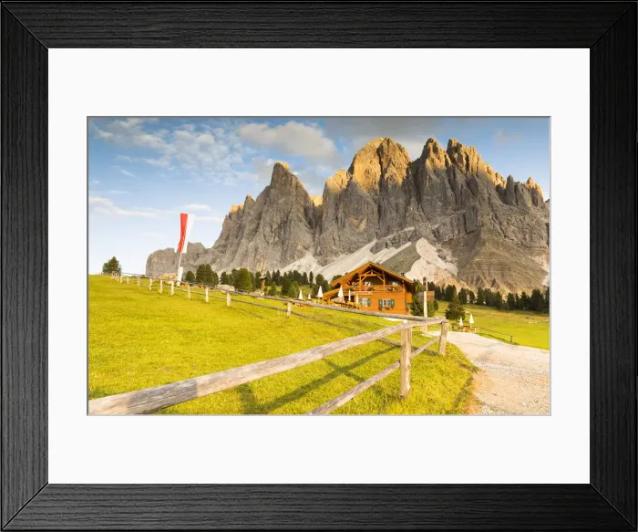 Framed Print : a view of the Gschnagenhardtalm (Malga Casnago) with Geisler Group in the background Framed Print : a view of the Gschnagenhardtalm (Malga Casnago) with Geisler Group in the background