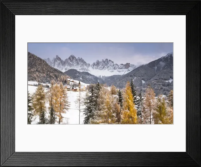 Framed Print : an autumnal view of Villnossertal after the first snowfall with the Geisler Framed Print : an autumnal view of Villnossertal after the first snowfall with the Geisler