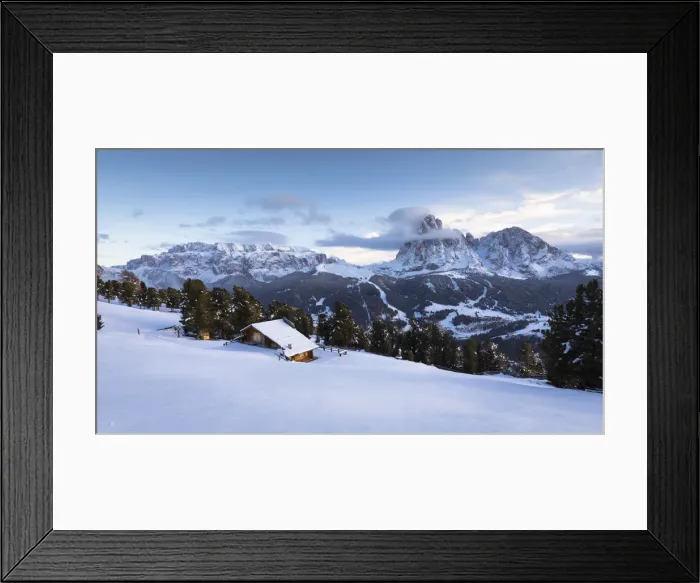 Framed Print : a winter view of the Val Gardena with Sella Group and Langkofel Group in the background Framed Print : a winter view of the Val Gardena with Sella Group and Langkofel Group in the background
