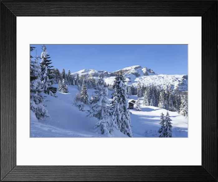 Framed Print : a winter view in Val Badia with two huts and the Sella Group in the background, Bolzano Framed Print : a winter view in Val Badia with two huts and the Sella Group in the background, Bolzano