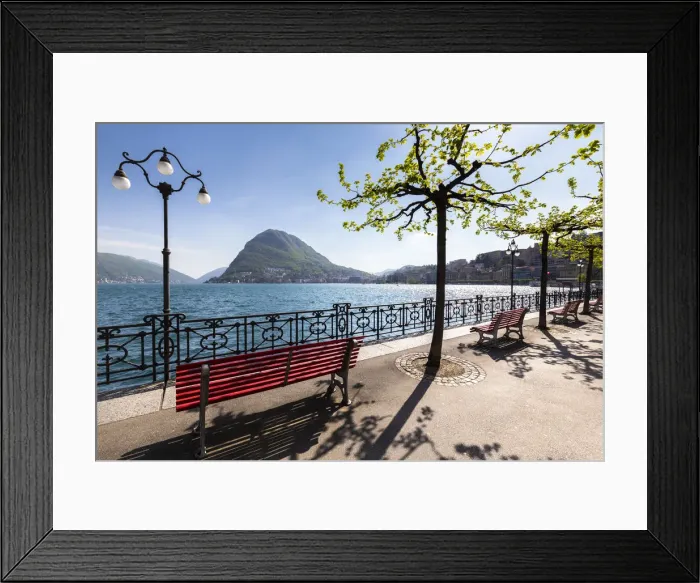 Framed Print : View of Lugano lakefront on a spring day, Canton Ticino, Switzerland Framed Print : View of Lugano lakefront on a spring day, Canton Ticino, Switzerland