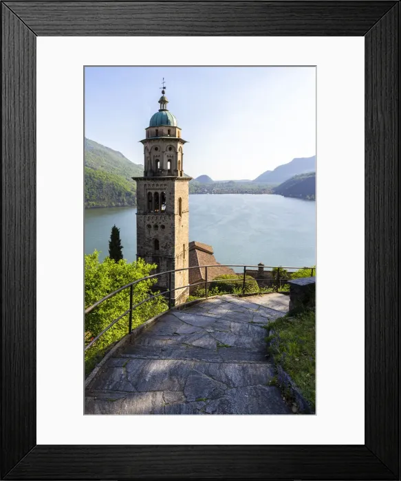 Framed Print : View of the bell tower and church of Santa Maria del Sasso church from the trail to