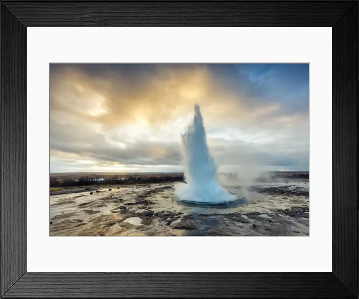 Framed Print : Strokkur Geyser eruption at dawn, Haukadalur Geothermal Area, Haukadalur, Arnessysla Framed Print : Strokkur Geyser eruption at dawn, Haukadalur Geothermal Area, Haukadalur, Arnessysla