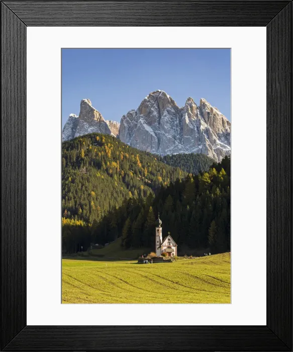 Framed Print : San Giovanni in Ranui church with odle Dolomites on the background. Santa Maddalena Framed Print : San Giovanni in Ranui church with odle Dolomites on the background. Santa Maddalena