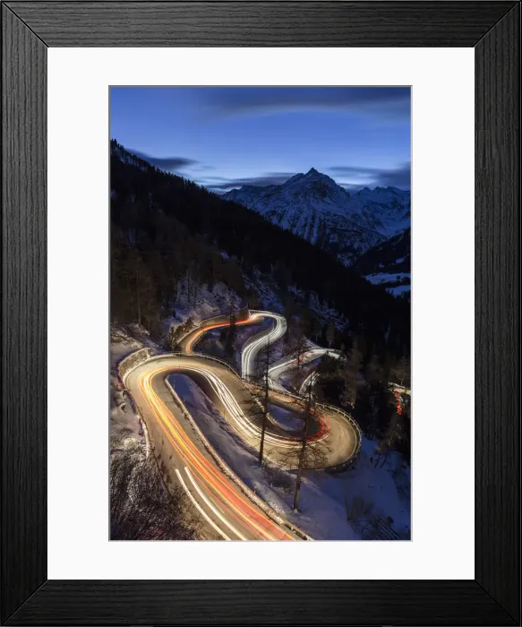 Framed Print : Car lights on the curvy Maloja Pass road at night. Maloja Pass, Engadin, Graubunden Framed Print : Car lights on the curvy Maloja Pass road at night. Maloja Pass, Engadin, Graubunden