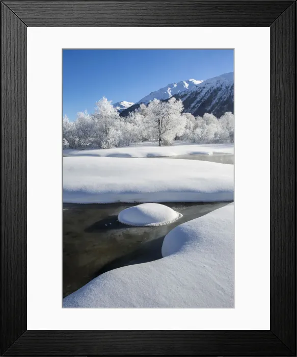 Framed Print : Winter landscape with trees covered in hoarfrost and frozen river. Celerina, Engadin Framed Print : Winter landscape with trees covered in hoarfrost and frozen river. Celerina, Engadin