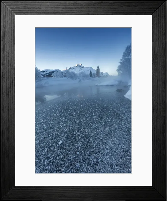 Framed Print : Foggy sunrise in winter. Sils Maria, Sils im Engadin, Graubunden, Switzerland Framed Print : Foggy sunrise in winter. Sils Maria, Sils im Engadin, Graubunden, Switzerland