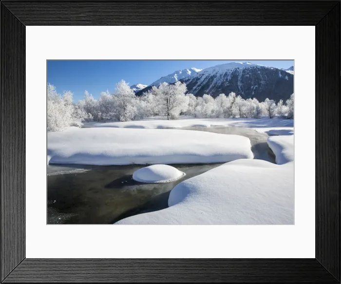 Framed Print : Winter landscape with trees covered in hoarfrost and frozen river. Celerina, Engadin Framed Print : Winter landscape with trees covered in hoarfrost and frozen river. Celerina, Engadin