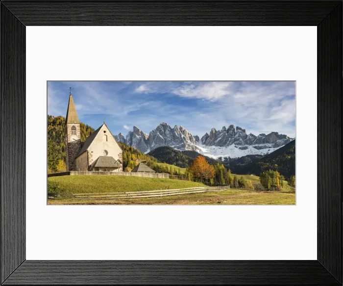 Framed Print : The church of the village with Odle Dolomites peaks on the background. Santa Maddalena Framed Print : The church of the village with Odle Dolomites peaks on the background. Santa Maddalena