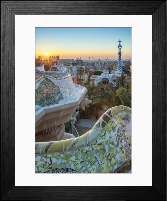 Framed Print : Park Guell with city skyline behind at sunrise, Barcelona, Catalonia, Spain