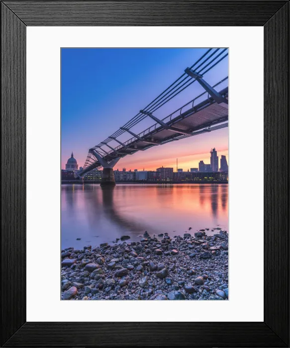 Framed Print : Sunrise over Millennium Bridge, St Pauls Cathedral and financial district Framed Print : Sunrise over Millennium Bridge, St Pauls Cathedral and financial district