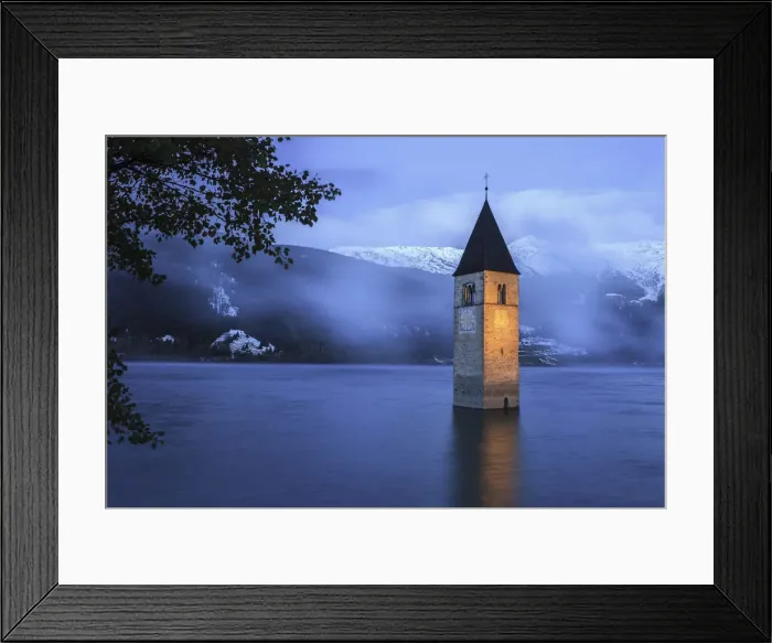 Framed Print : The church in the lake at Resia lake, Venosta valley, Trentino alto Adige, italy Framed Print : The church in the lake at Resia lake, Venosta valley, Trentino alto Adige, italy