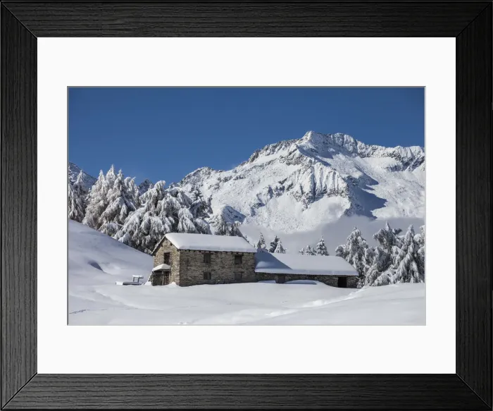 Framed Print : Chalet at Granda alp in winter, in the background Desenigo peak, Retiche alps, Lombardy Framed Print : Chalet at Granda alp in winter, in the background Desenigo peak, Retiche alps, Lombardy