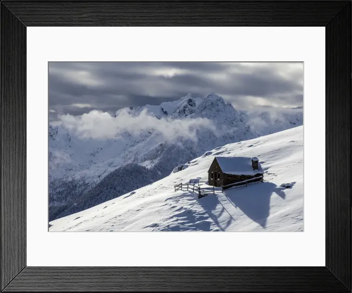 Framed Print : Orobie alps, chalet in winter at Gerola valley, Lombardy, Italy Framed Print : Orobie alps, chalet in winter at Gerola valley, Lombardy, Italy