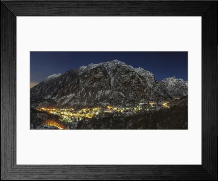 Framed Print : Winter, Masino valley, Filorera and Cataeggio village snowy by night on the moonlight Framed Print : Winter, Masino valley, Filorera and Cataeggio village snowy by night on the moonlight