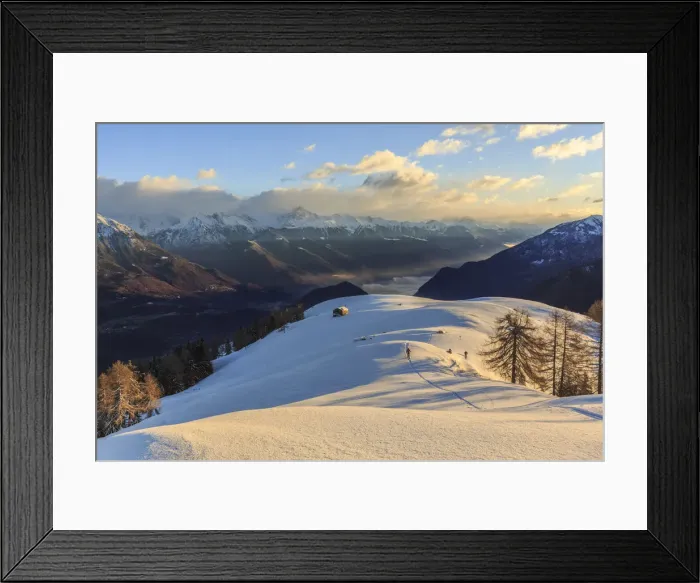 Framed Print : Ski mountaineer on Monte Olano at sunrise, Gerola Valley, Sondrio province, Valtellina Framed Print : Ski mountaineer on Monte Olano at sunrise, Gerola Valley, Sondrio province, Valtellina