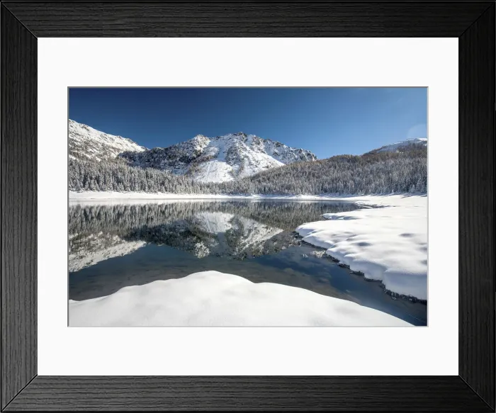 Framed Print : Malenco valley, reflected on the Palu lake after autumn snowy, Lombardy, Italy Framed Print : Malenco valley, reflected on the Palu lake after autumn snowy, Lombardy, Italy