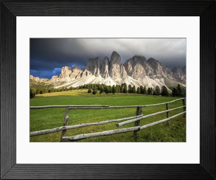 Framed Print : Dolomites, Funes valley, black clouds on the Odle mountains, Trentino Alto Adige Framed Print : Dolomites, Funes valley, black clouds on the Odle mountains, Trentino Alto Adige
