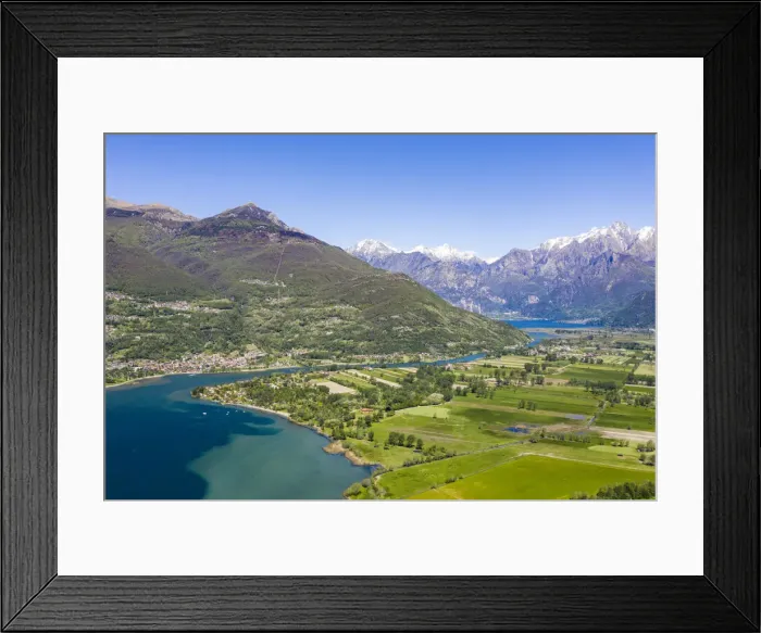 Framed Print : Elevated view of river Mera flowing into Lake Como, Alto Lario, Como province, Lombardy