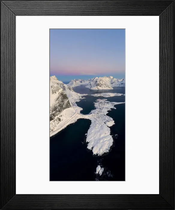 Framed Print : Aerial panoramic of Reine covered with snow at sunrise, Nordland, Lofoten Islands, Norway Framed Print : Aerial panoramic of Reine covered with snow at sunrise, Nordland, Lofoten Islands, Norway