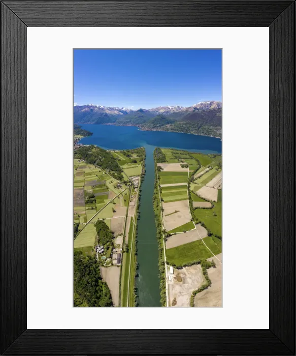 Framed Print : Panoramic of river Adda flowing into Lake Como from above, Trivio di Fuentes, Lower Framed Print : Panoramic of river Adda flowing into Lake Como from above, Trivio di Fuentes, Lower
