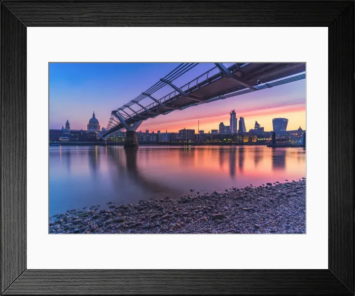 Framed Print : Sunrise over Millennium Bridge, St Pauls Cathedral and financial district Framed Print : Sunrise over Millennium Bridge, St Pauls Cathedral and financial district