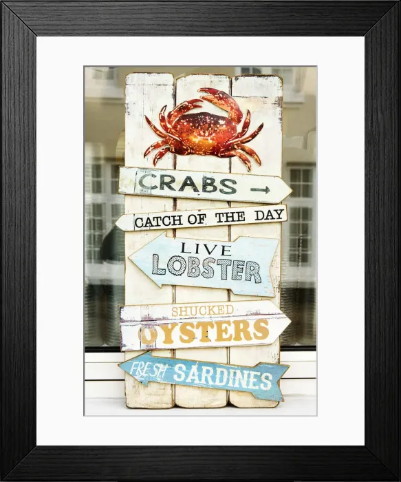 Framed Print : List of fresh seafood on sale in a traditional harbour shop, Teignmouth, Devon, UK Framed Print : List of fresh seafood on sale in a traditional harbour shop, Teignmouth, Devon, UK