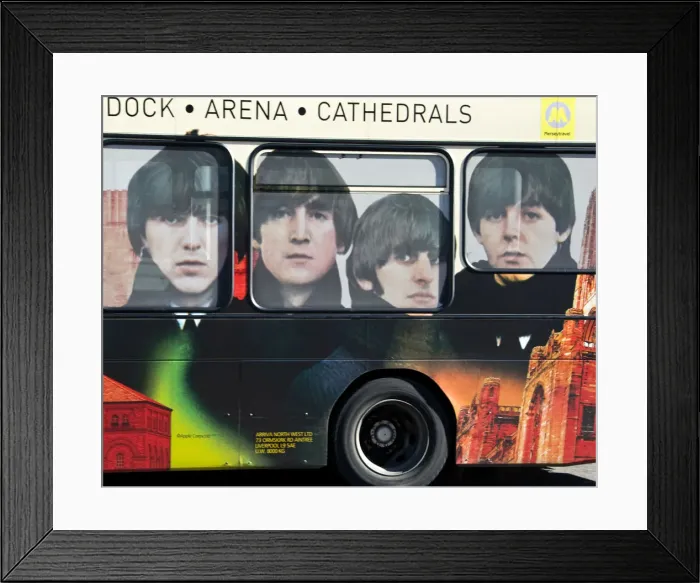 Framed Print : Beatles famous four on a bus in Liverpool, Merseyside, UK Framed Print : Beatles famous four on a bus in Liverpool, Merseyside, UK