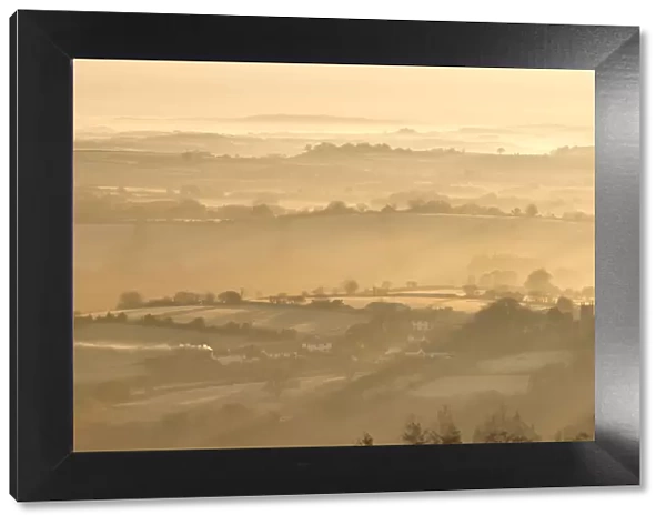 Misty Dartmoor countryside at dawn near the village of Throwleigh, Devon, England