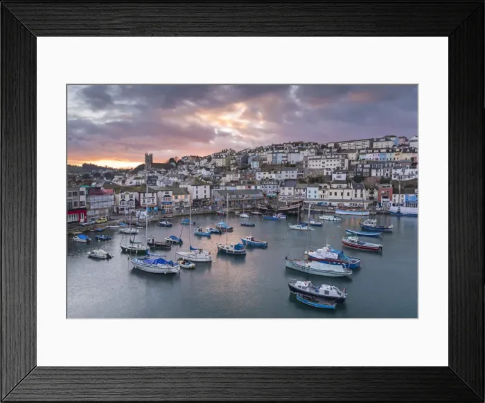 Framed Print : Brixham harbour at sunset, Devon, England. Winter (March) 2016