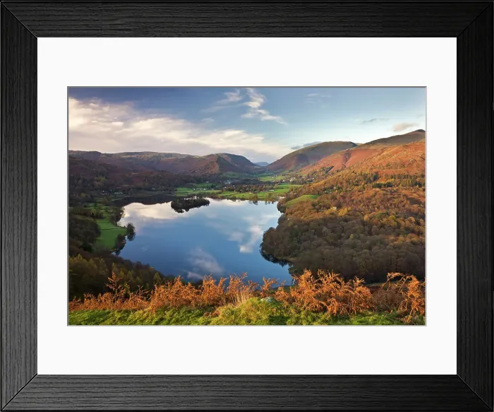 Framed Print : Vista down towards Lake Grasmere from Loughrigg Fell, Lake District, Cumbria. Autumn Framed Print : Vista down towards Lake Grasmere from Loughrigg Fell, Lake District, Cumbria. Autumn