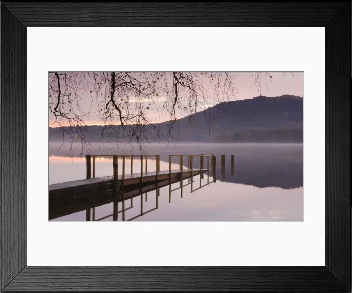 Framed Print : Sunrise over Derwent Water from Hawes End jetty, Lake District National Park, Cumbria