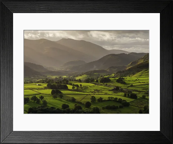 Framed Print : Early morning sunlight illuminates the rolling countryside near Keswick in the Lake Framed Print : Early morning sunlight illuminates the rolling countryside near Keswick in the Lake
