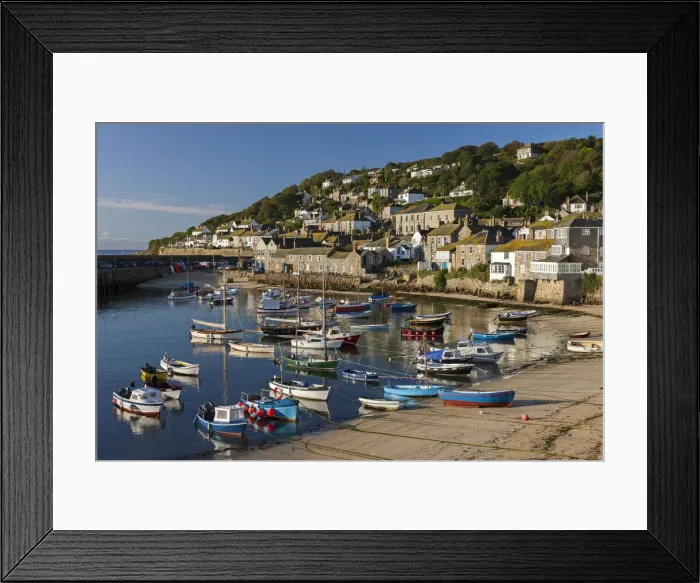 Framed Print : Colourful boats crowd Mousehole harbour in Cornwall, England Framed Print : Colourful boats crowd Mousehole harbour in Cornwall, England