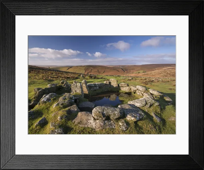 Framed Print : Bronze Age hut circle in Grimspound, Dartmoor National Park, Devon, England. Winter Framed Print : Bronze Age hut circle in Grimspound, Dartmoor National Park, Devon, England. Winter
