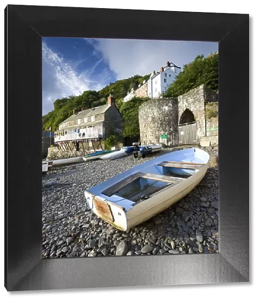 Fishing boat on the pebble beach in Clovelly harbour, Devon, England