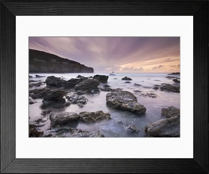 Framed Print : Sunset from the rocky shores of Trevaunance Cove, St Agnes, Cornwall, England. Summer Framed Print : Sunset from the rocky shores of Trevaunance Cove, St Agnes, Cornwall, England. Summer